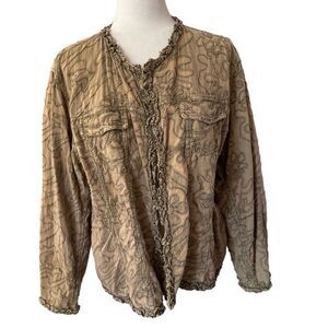 Chico’s Open Front Jacket Brown Cotton Embroidered Pockets Size XL